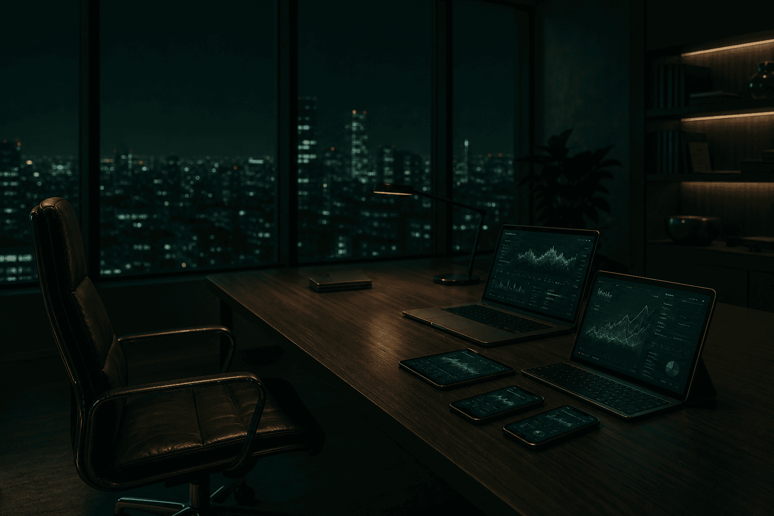An operator's empty leather chair pushed back from a long desk with multiple devices glowing, a dark cityscape framed in the windows behind.