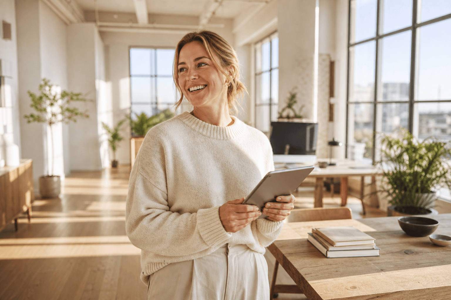 A founder in a cream sweater stands in a sun-drenched modern office holding an iPad, smiling at a colleague off-camera.