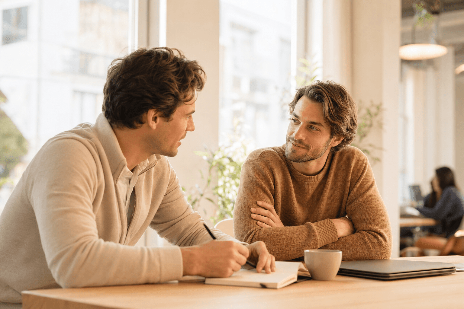Two founders in a sunlit cafe lean over a notebook, mid-strategy conversation over coffee.