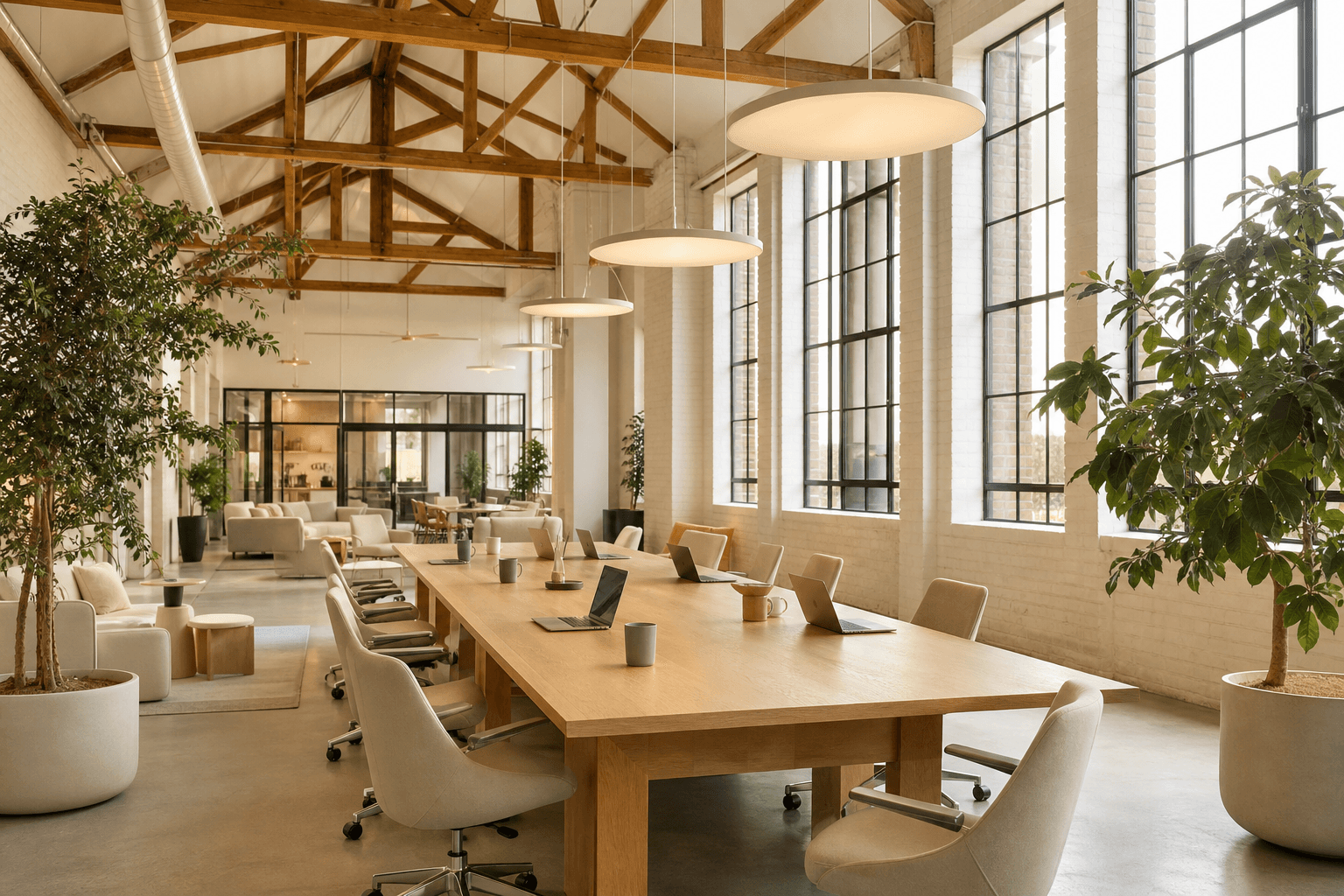 A bright modern startup office with cathedral ceilings, exposed wood beams, white-painted brick walls, oversized windows letting in soft midday light, and a long blonde-wood shared table.