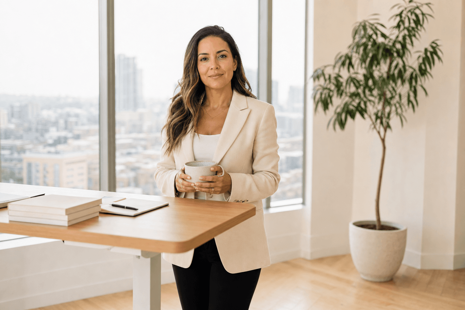 A Chief of Staff in a cream blazer standing at her desk by floor-to-ceiling windows, holding a coffee, city skyline in soft daylight behind her.